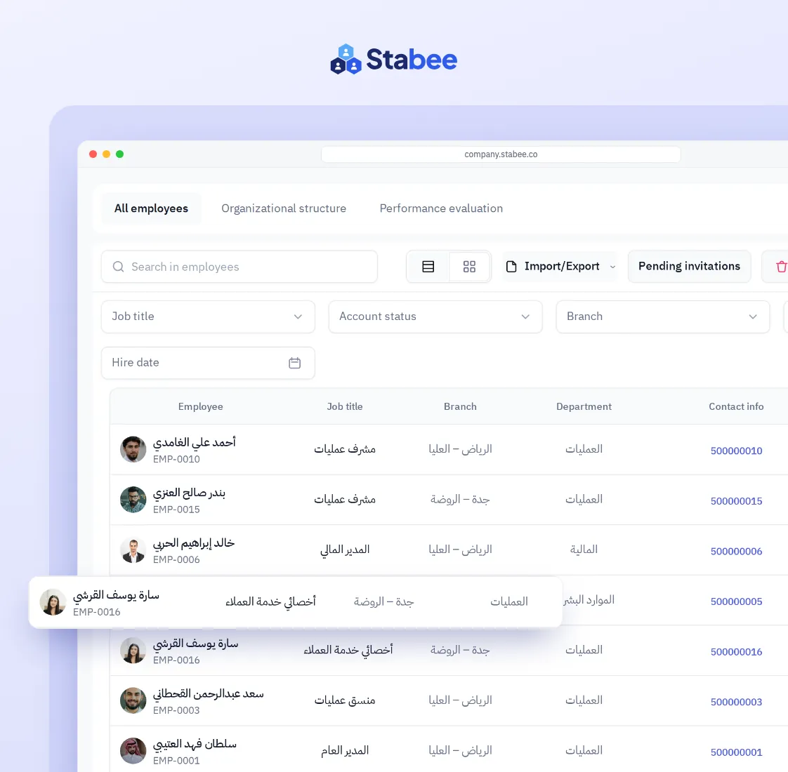 The employees list in Stabee with each employee's job title, branch and department