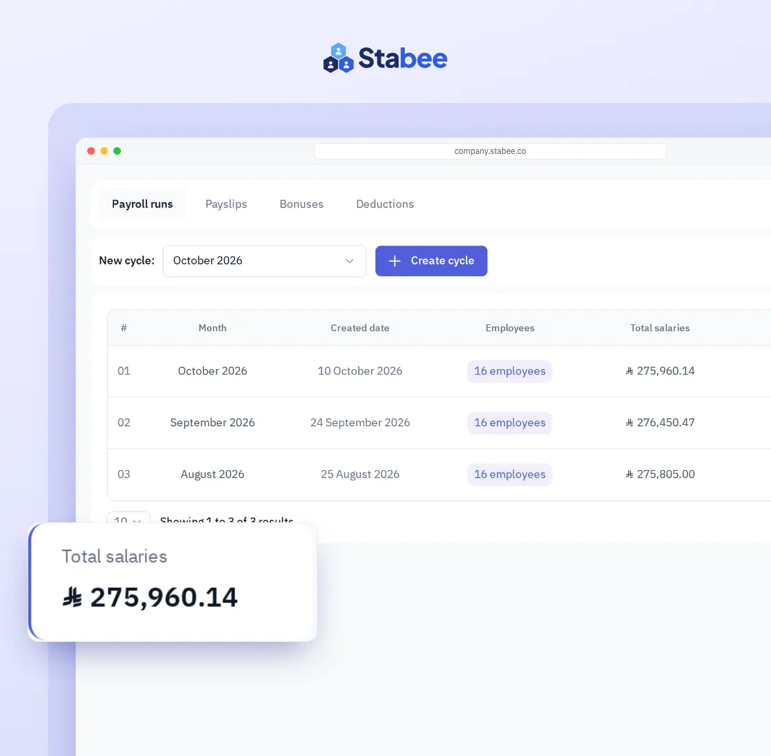 Payroll runs in Stabee with total and net salaries for each month