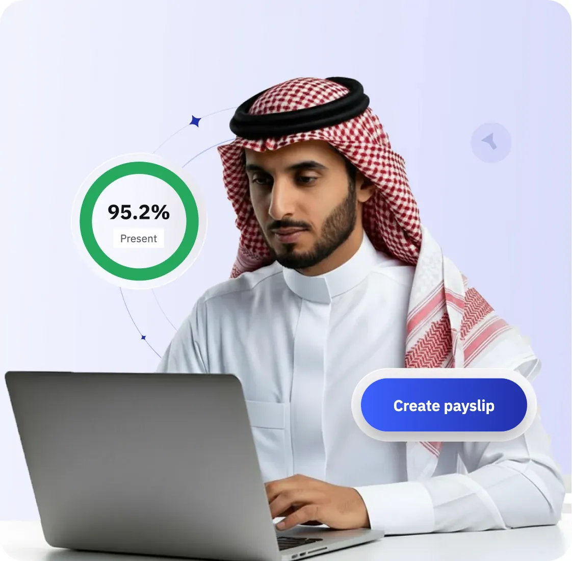 An employee at a laptop beside an attendance-rate card and a create-payslip button