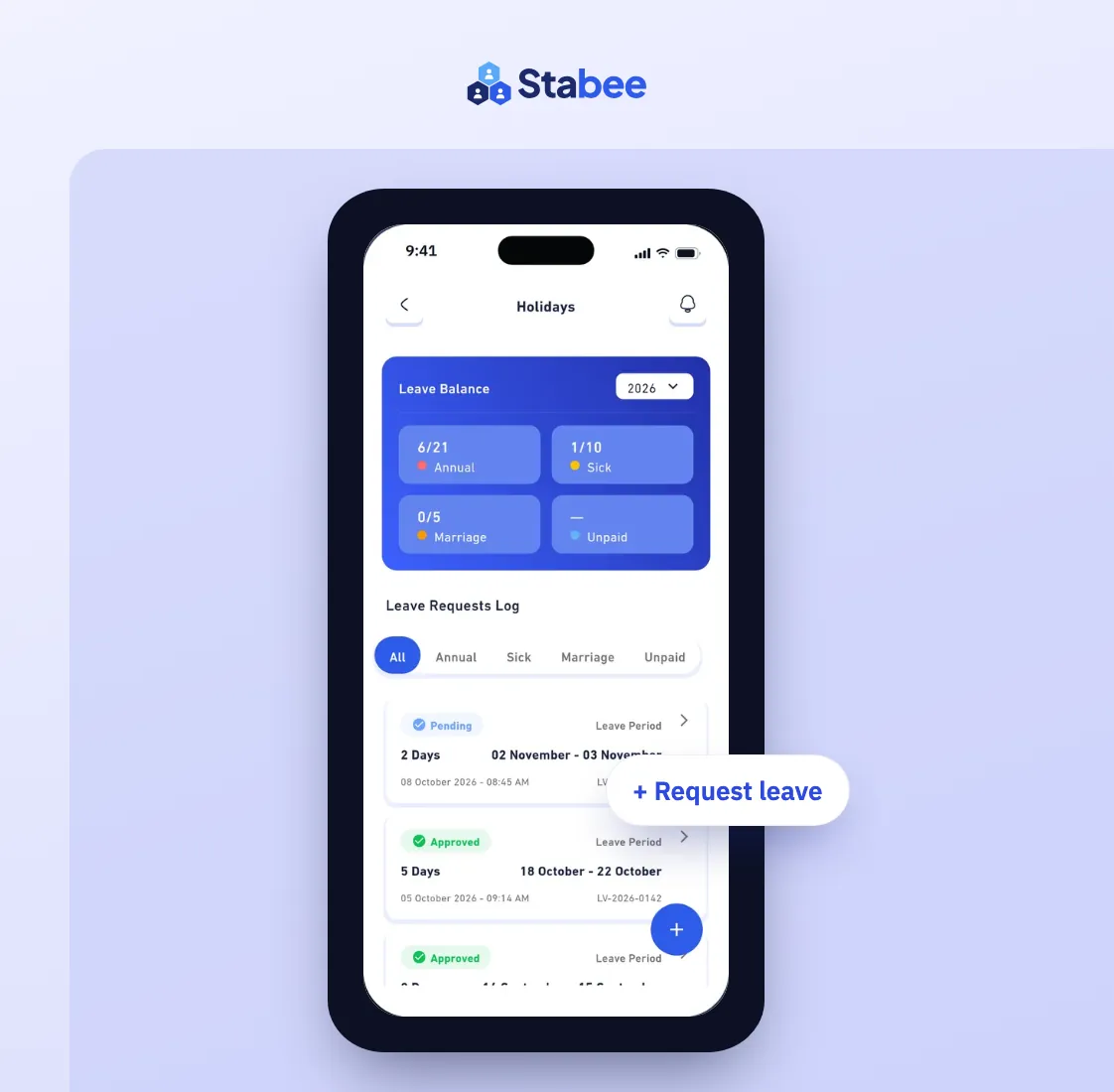 Employee app: leave balance and the button for submitting a leave request