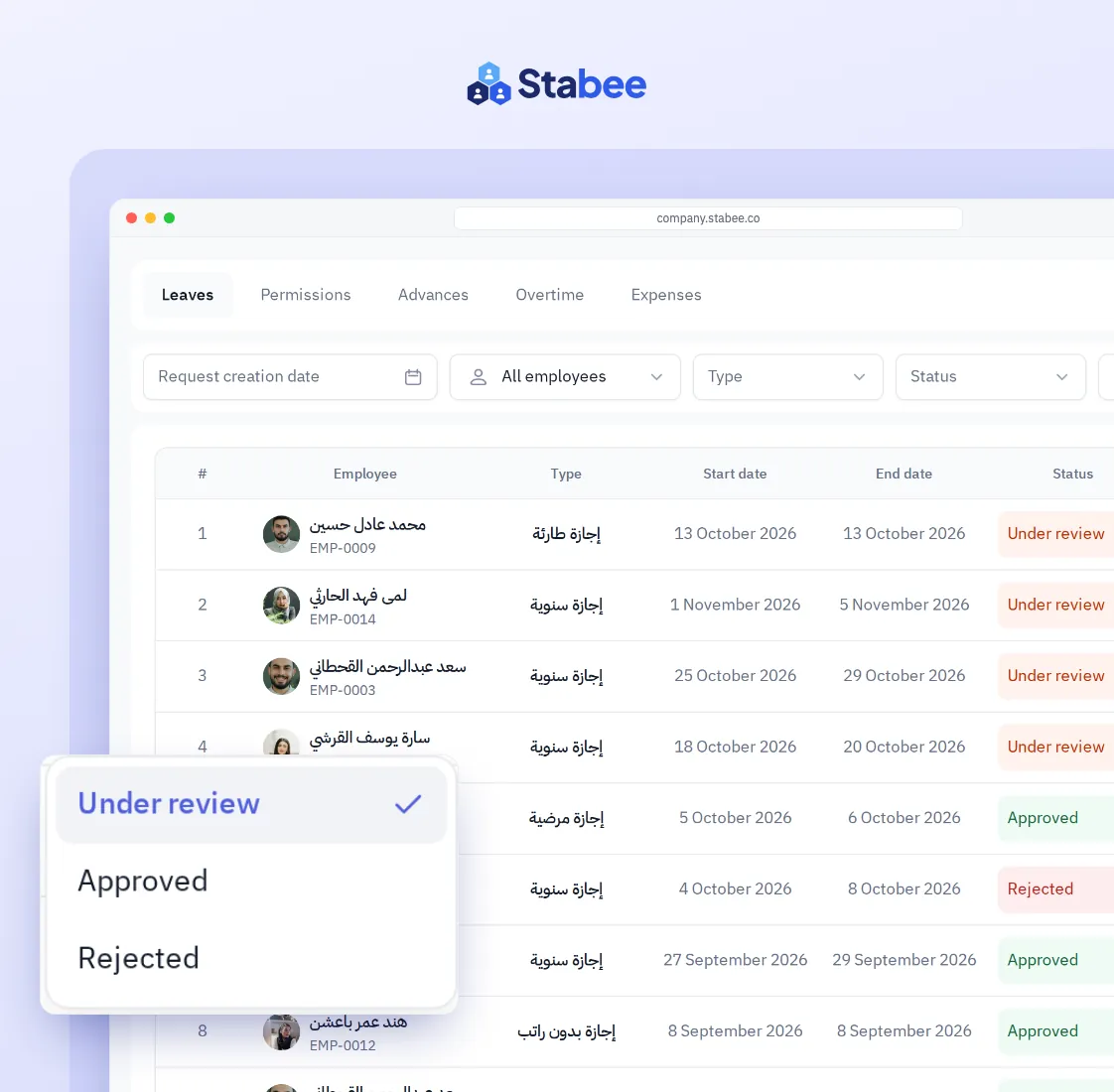Requests list in Stabee with the status of each request